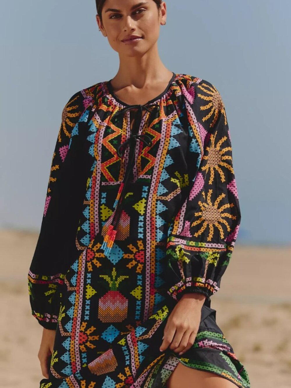 Farm Rio x Anthropologie Long-Sleeve Tie-Front Maxi Dress Pineapple L NWT - Picture 2 of 6